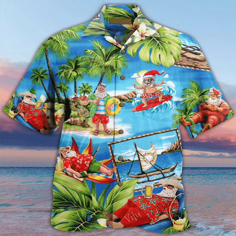 New Casual Men's Shirts Santa Claus Surfing Cool Christmas Day Hawaiian Short Sleeve Oversize Cuban Collar Shirts Summer Beach