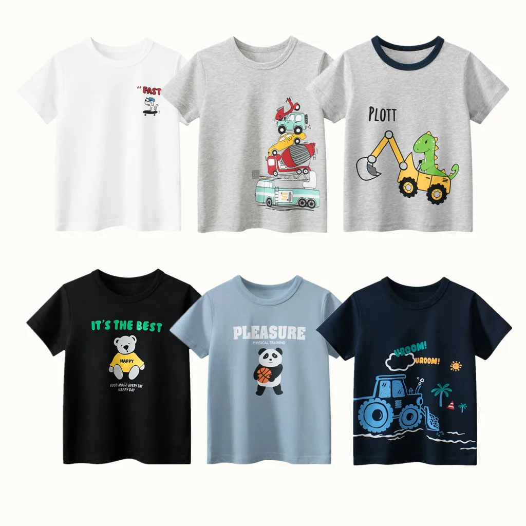 

2024 Summer Boys' High-Quality Cotton Letter Bear Panda Dinosaur Cartoon Short Sleeve T-Shirt Breathable Casual Sport Top