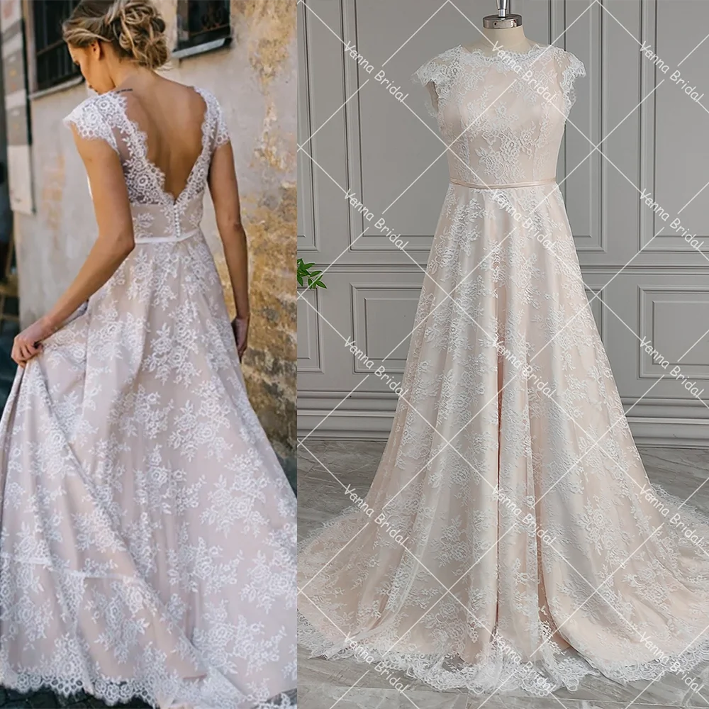 A Line Beach Bohemian Lace Wedding Dress Cap Short Sleeve Boat Neck  Elopement Rustic Backless Bridal Gown Large Sizes Customized - AliExpress  320