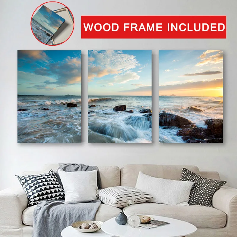 

3PCS Nordic Seaside Scenery Framed Canvas Painting Ocean Sunset Posters Modern Living Room Interior Wall Art Picture Home Decor