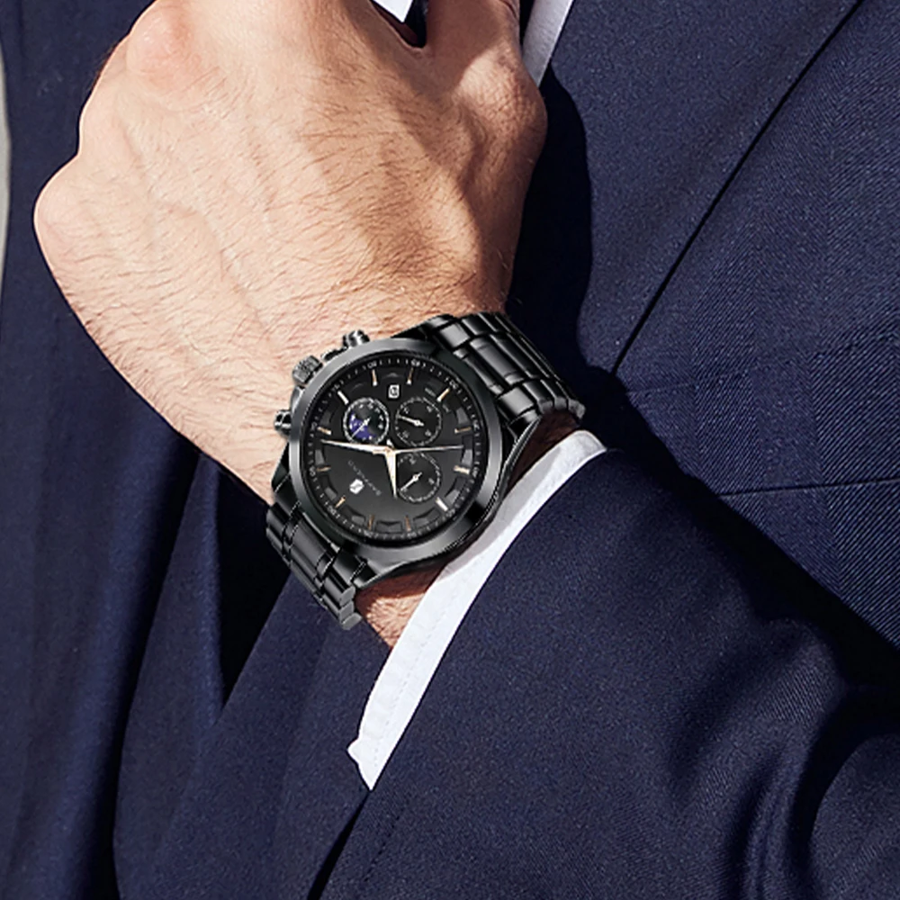 SAPPHERO Luxury Men's Watch Moon Phase Watch High Quality Multifunctional Chronograph Stainless Steel Men Waterproof Male Clock