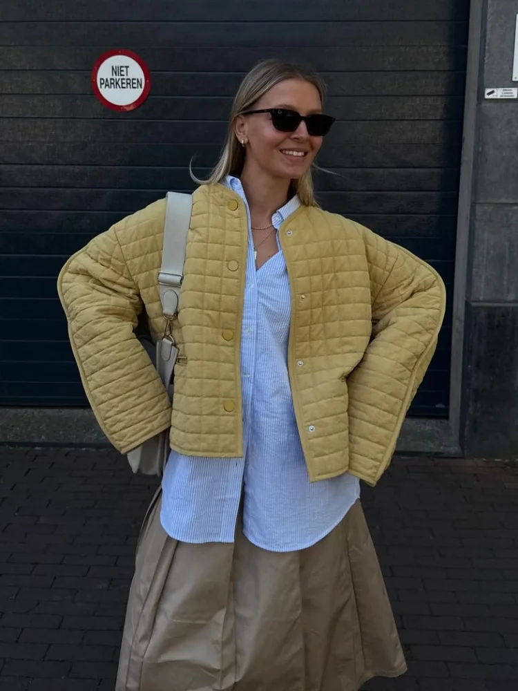 Casual Yellow Checkered Cotton Jackets Women Fashion V-neck Single Breasted Jackets Lady Daily Outdoor Street Outerwear 2025 New