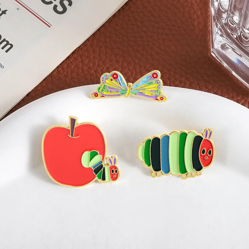 Apfel-Beter-Emaille-Anstecknadeln, individuelle Raupe verwandelt sich in Schmetterlingsbroschen, Anstecknadeln, Kleidung, lustiger Schmuck, Geschenk für Freunde – Detail 7