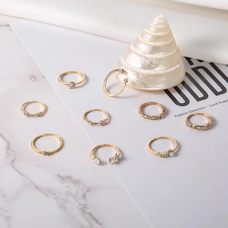 Vintage Color Gold Crystal Star Moon Rings 3