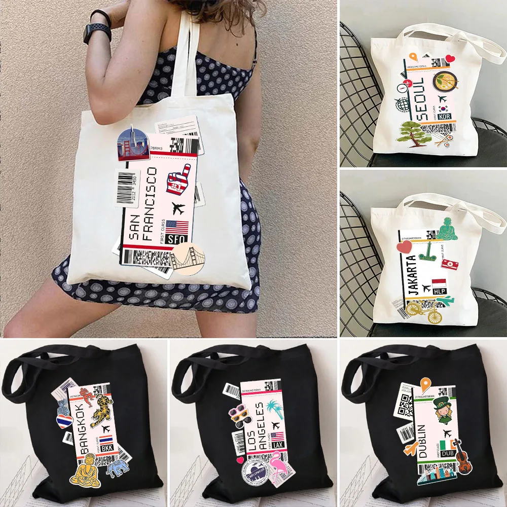 

Seoul Jakarta Bangkok Los Angeles Dublin Francisco Algiers Ticket Boarding Pass Womens Canvas Shoulder Tote Bag Shopping Handbag