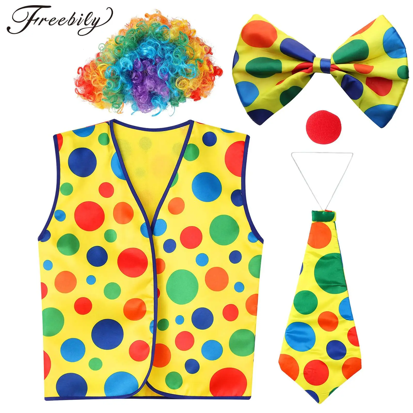 

Adult Halloween Circus Funny Clown Cosplay Costume Props Curly Hair Wig Red Nose Vest Tie Bow Gloves for Carnival Jester Party