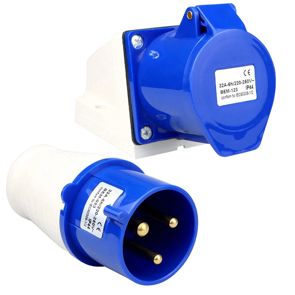

220-250V 32A 3 Pin Blue Industrial Waterproof Plugs& Socket Male/Female IP44 For Caravan Motorhome Trailer Truck Yacht Connector