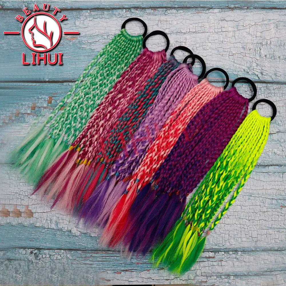 

Lihui Ponytail Chignon Synthetic Hair Extension With Rubber Ring Ombre Braid Hairpiece Hair Rainbow Color Girls Party Hair Tie