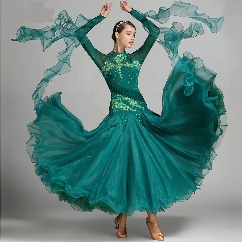 Red blue ballroom dance competition dresses waltz dance dress fringe luminous costumes standard ballroom dress foxtrot 9 color