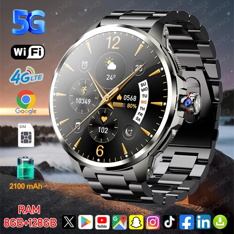 8GB+128GB RAM 5G/4G Smart Watch 1.95 inch AMOLED 2100mah Battery 900W Camera GPS WIFI Google APP Download Android 9.0 Smartwatch 1