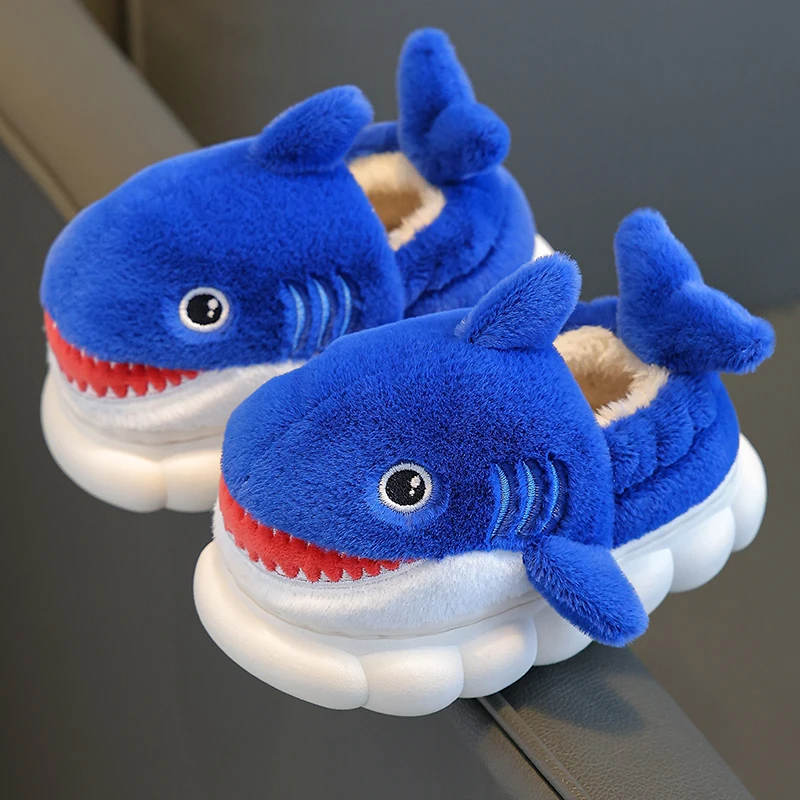 New Winter Wrap Heels Cute Cartoon Shark Cotton Slippers Children's Non slip Soft For Kids Girls Boys Baby Warm Plush Home Shoes