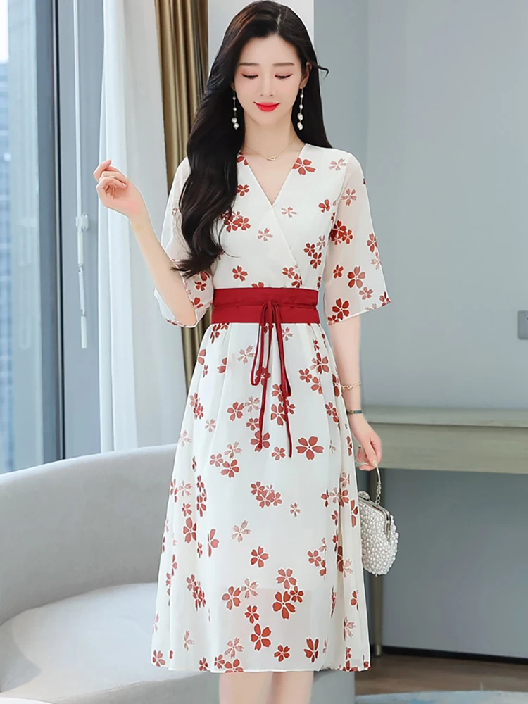 Spring Summer Flare Sleeve V-Neck Midi Dress Women Elegant