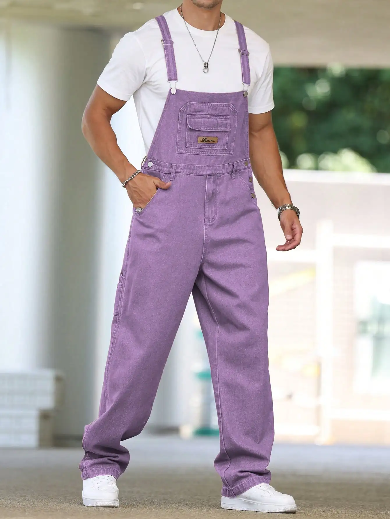 Men's Four - Season Purple Loose Denim Overalls, Daily Casual Street Trend Suspender Pants