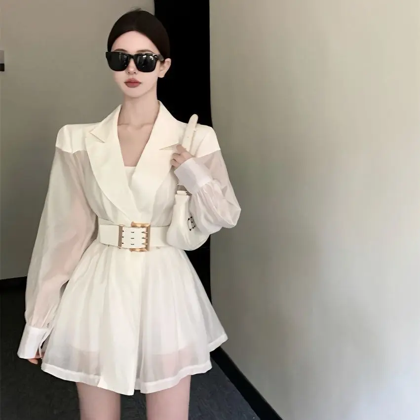 

Spring Summer White Breathable Mesh Spliced Blazers Coat Loose Thin Suit Cardigan OL Gauze Perspective Jacket Plus Waistband