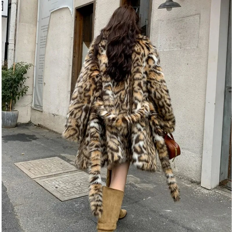 2023 Winter Animal Leopard Faux Fur Extra Long Coat Full Sleeve Bow Sashes Loose Warm Shaggy Jacket Loose Outerwear