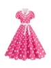 Women's Vintage Polka Dot Pleated Summer Dress with Notched Collar Short Sleeve Belted 1950s 60s Style Elegant Retro Clothing