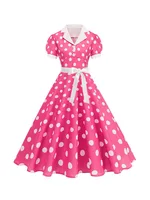 Women's Vintage Polka Dot Pleated Summer Dress with Notched Collar Short Sleeve Belted 1950s 60s Style Elegant Retro Clothing