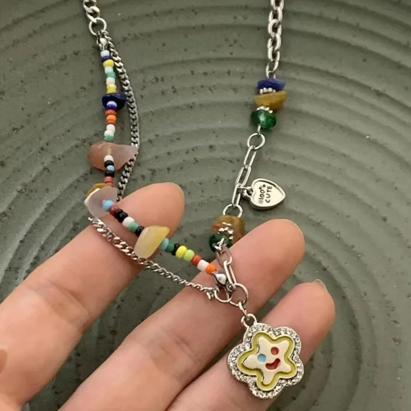 Bohemia Candy Color Cute Necklace for Women Star Pendant Beaded Clavicle Chain Multicolor Y2K Vacation Jewelry Accessories