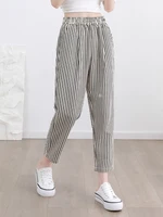 Women's Casual Vertical Striped Comfortable Breathable Elastic Waist Belted Daily Wear Casual Tapered Crop Pants With Pockets - Image 2