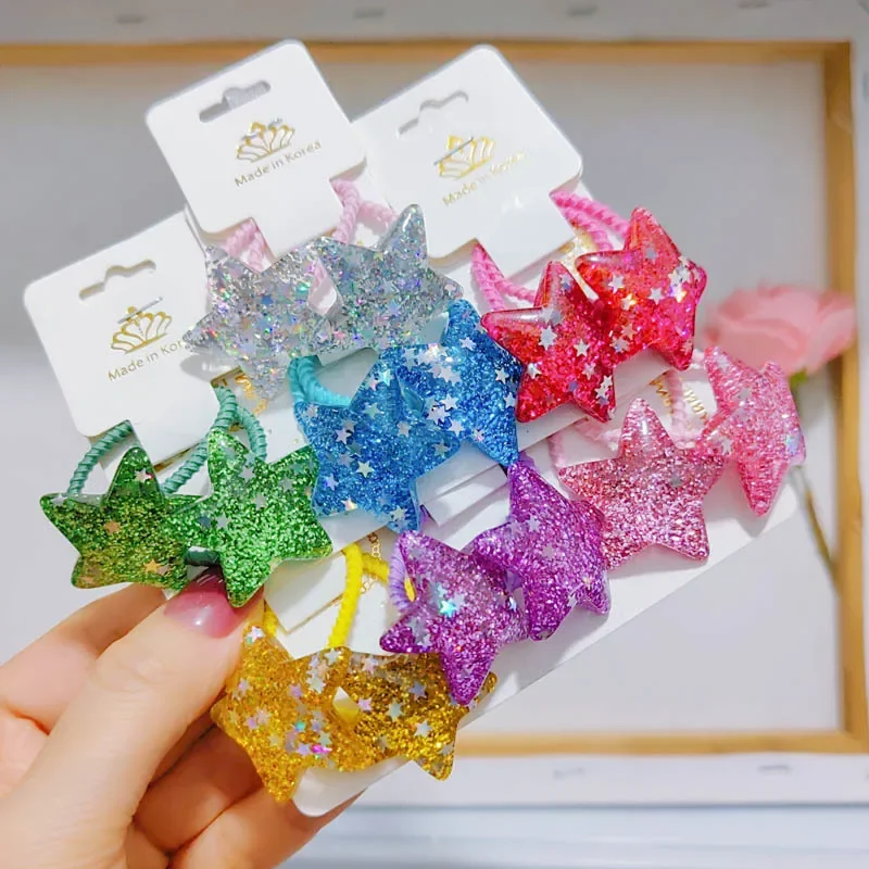 Children Kawaii Hair Ties Rope 2pcs Kids Glitter Pentagram Elastic Hair Bands Ring New Headwear Girls Hair Accessories