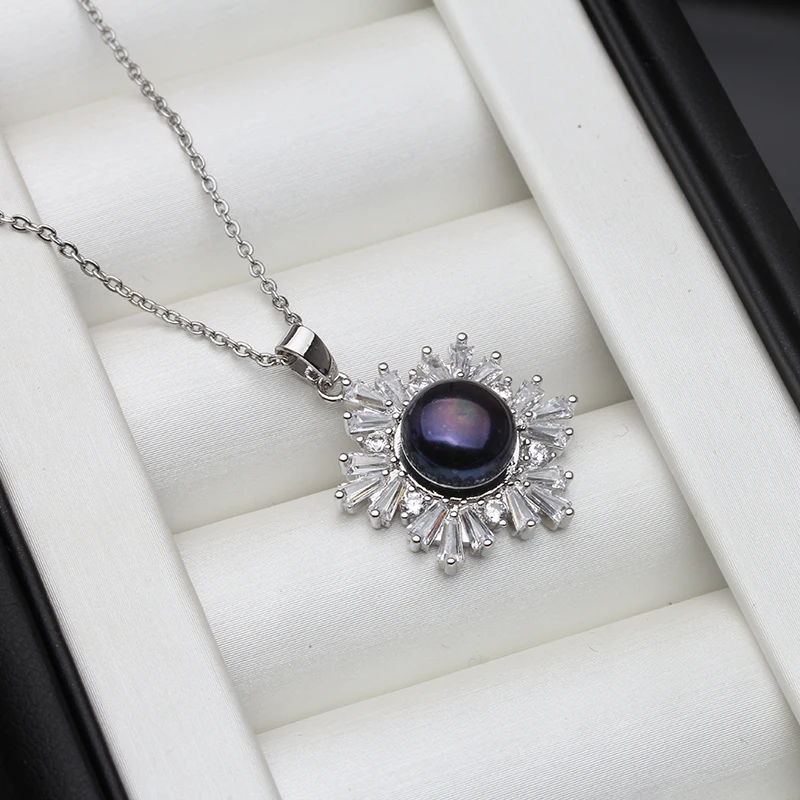 Silver Pendant Necklace Wedding Natural Pearl Women Bohemian White Black Trendy Zirconia S925 Sterling Birthday Gift