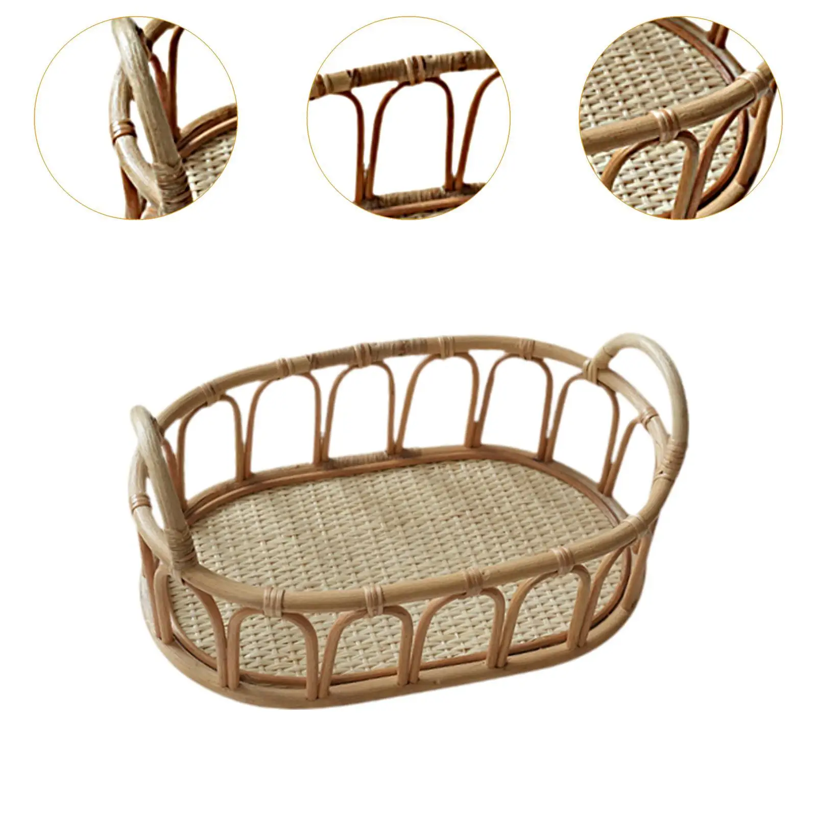 Rattan Woven Basket Oval Fruit Serving Tray with Handle Desktop Storage Box for Fruits Sundries Snacks Kitchen Counter Organizer 5
