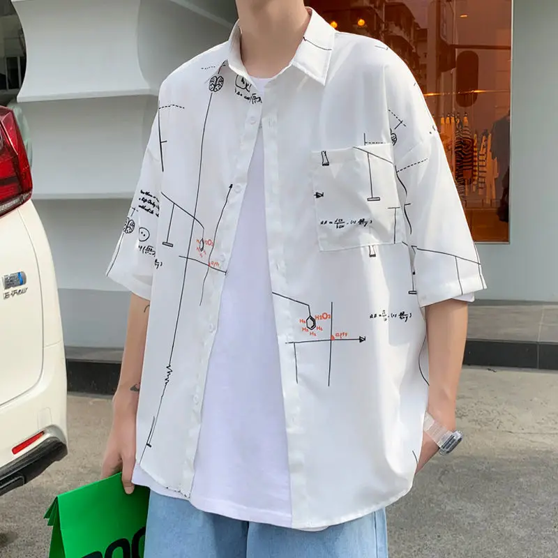 EBAIHUI Hong Kong Style Printed Men Shirt Summer New Short Sleeved Versatile Casual Male Blouse Loose Collar Korean Version Top