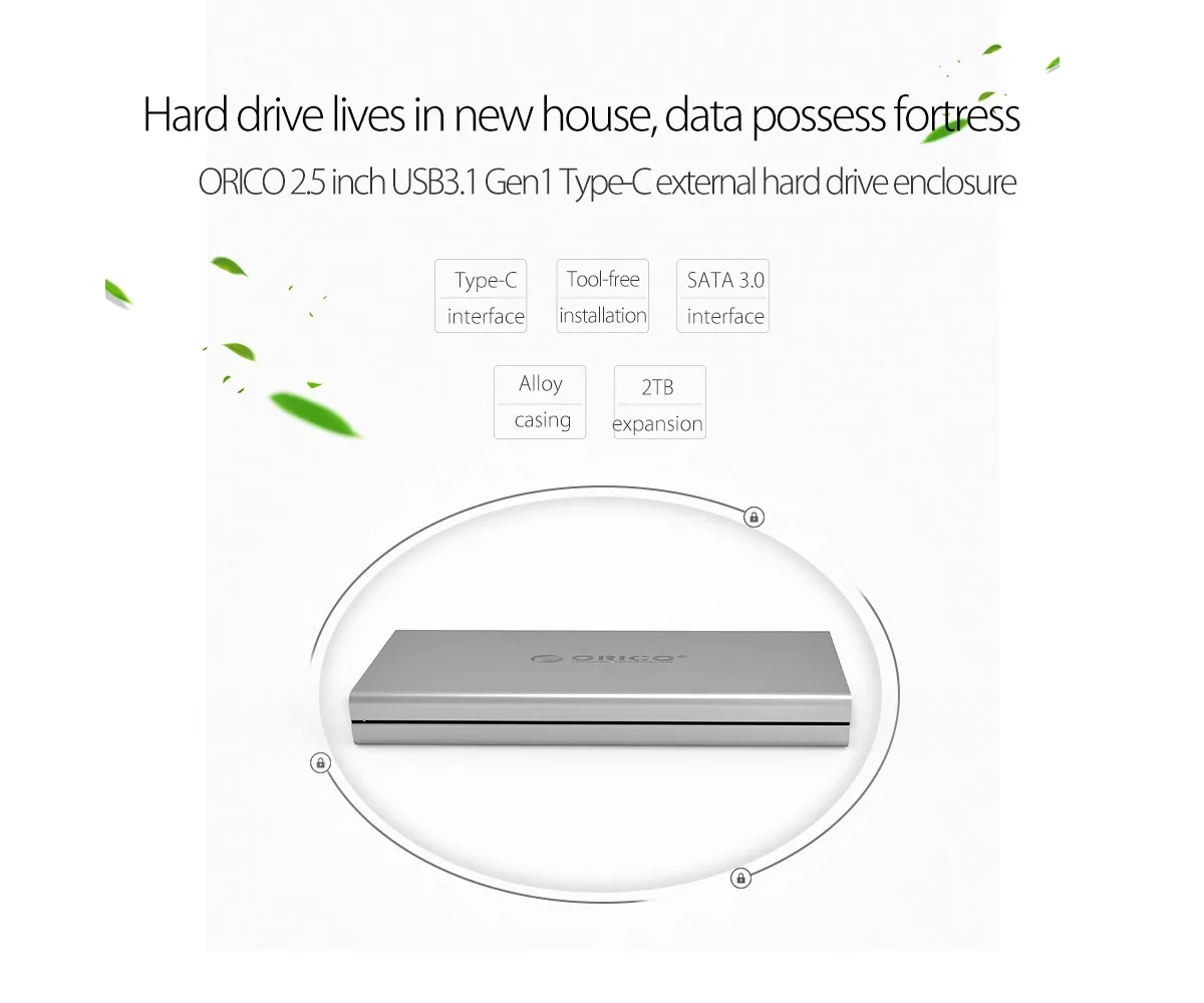 External Hard Drive Enclosure ORICO 2.5 Inch HDD SATA to USB3.0 5Gbps & 6Gbps Aluminum with Free Protection Bag