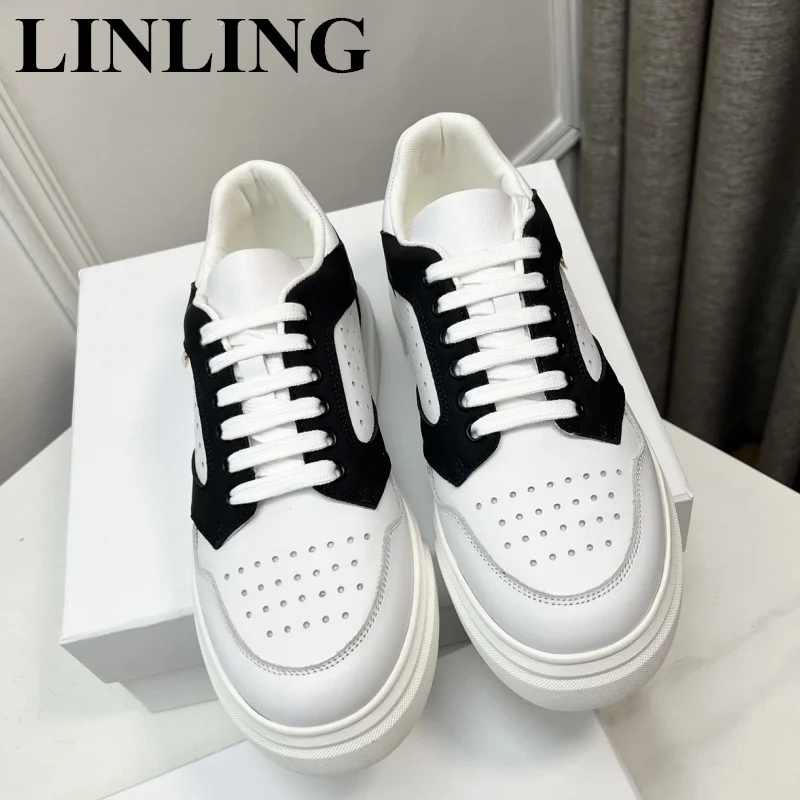 

Fashion Thick Sole Running Shoes Women Genuine Leather White Casual Sneakers Round Toe Sports Lace-up Trainers Vulcanized Shoes