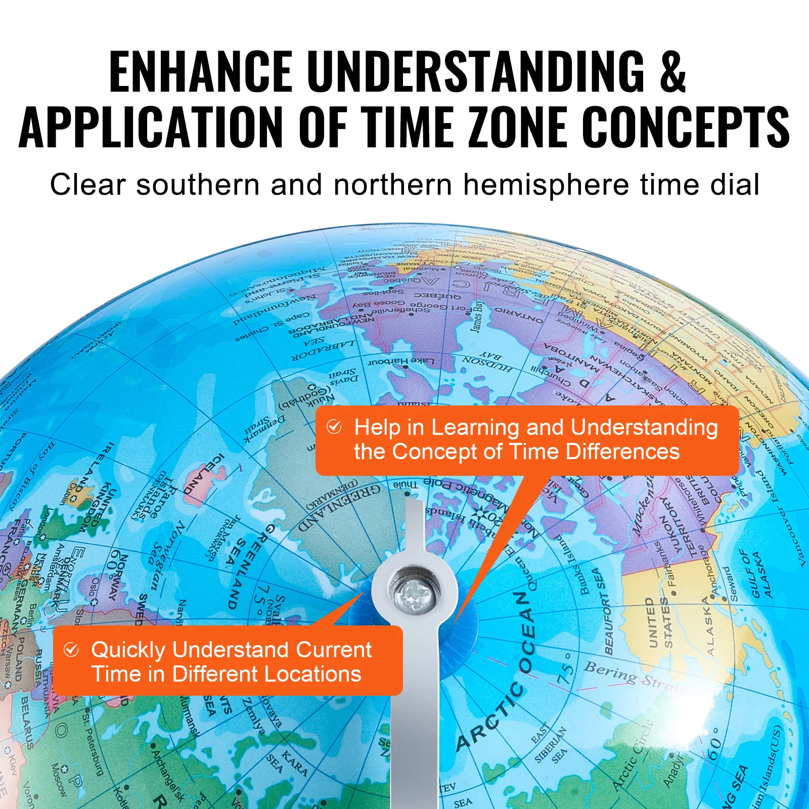 Rotating World Globe with Stand 8 in/203.2 mm Precise Time Zone ABS Material 360&deg; Spinning for Kids Geography Education SucceBuy