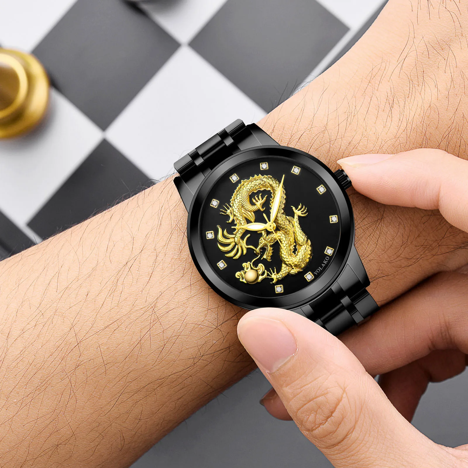 

Fashion Steel Band Quartz Watch Chinese Style Men Watch Men's Watch Non Mechanical Watch Diamond Inlaid Gold Watch Dragon Watch