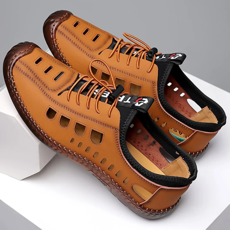 Men Soft Leather Summer Sandals Breathable Non-slip Cow Tendon Sole Casual Outdoor Beach Shoes