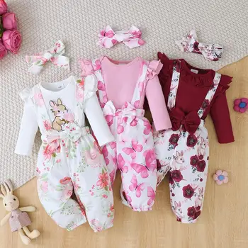 3PCS Clothes Outfits for 1-24Months Newborn&Toddler Baby Girl Long Sleeves Romper+Flower Strap Pants Cute Christmas Costume 1