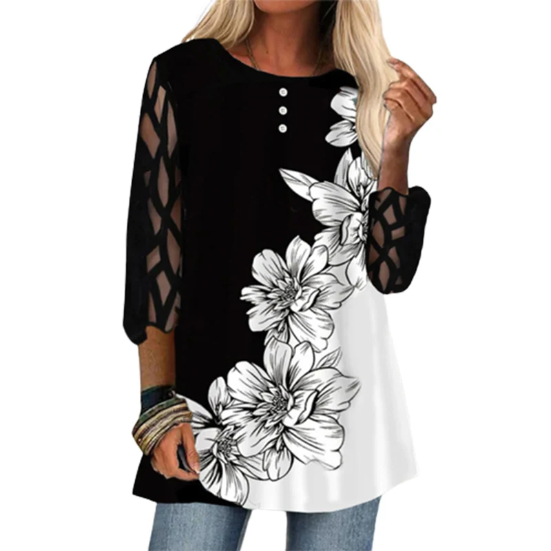 Elegant Flower Print Lace Nine-quarter Sleeve Shirt Women's Button Decoration Round Neck Pullover Blouse Ladies Casual Loose Top