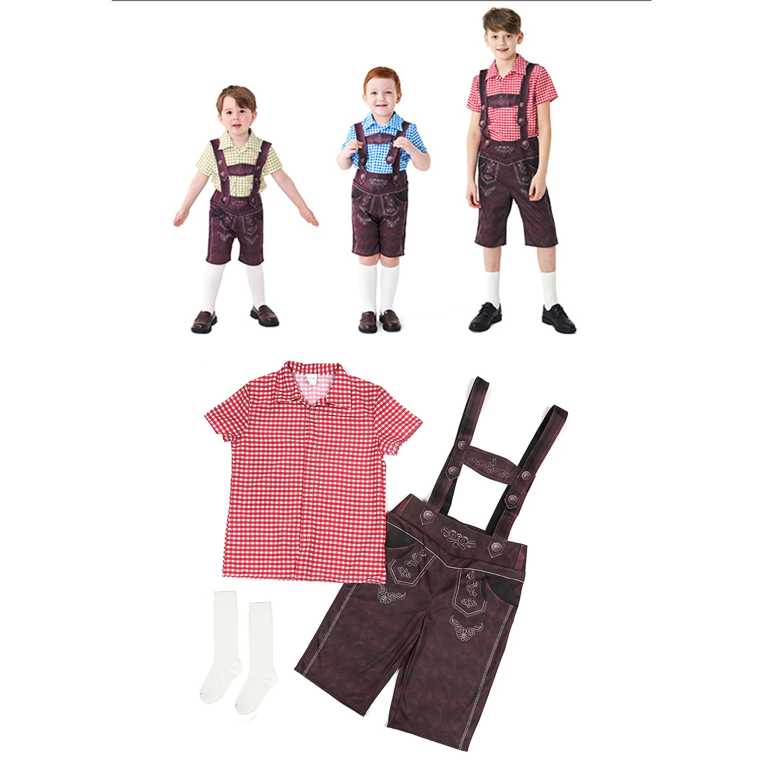 Kids Boys Oktoberfest Costume Dirndl Bavarian Plaid Cosplay Shirt Pants Carnival Halloween Fancy Party Dress