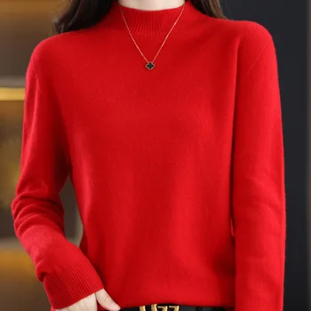 Aliselect 하이 퀄리티 메리노 울 스웨터, 모크넥 긴팔 니트, 기본 풀오버 의류 상의, 가을, 겨울, 100%