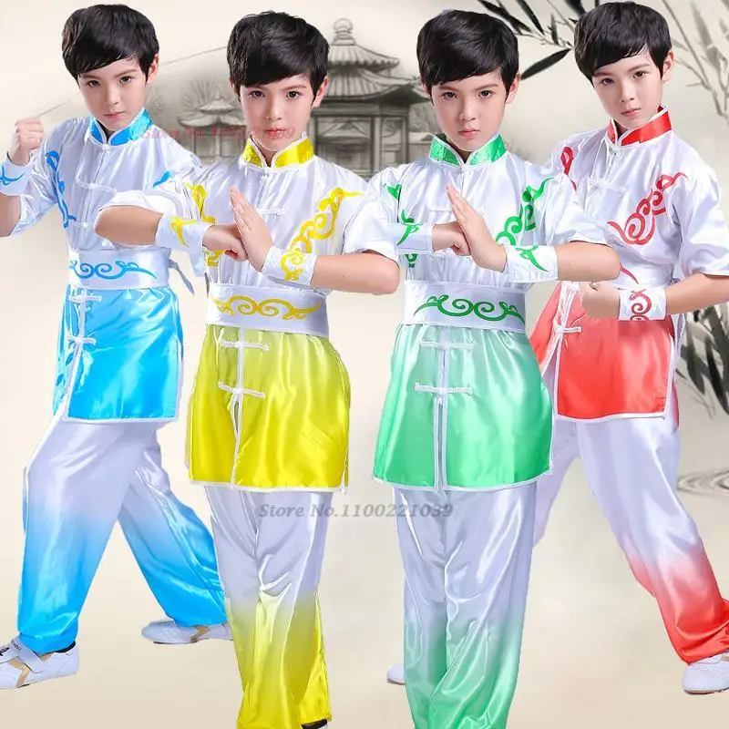 

2024 traditional chinese vintage wushu costume oriental child tai chi kungfu uniforms national print martial arts tops+pants set