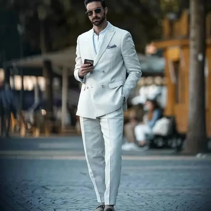 Men's Suits Spring  Arrival Linen Double Breasted Men Costume Homme Wedding Groom Tuxedo Slim Fit Blazer 2 Piece Jacket Pant