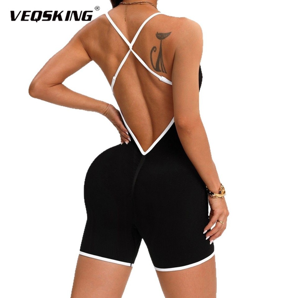 2025 Spring/summer Women's Contrasting Sports Jumpsuit, Cross Back Camisole Quick Drying Yoga Suit, Hip Lifting Fitness Jumpsuit