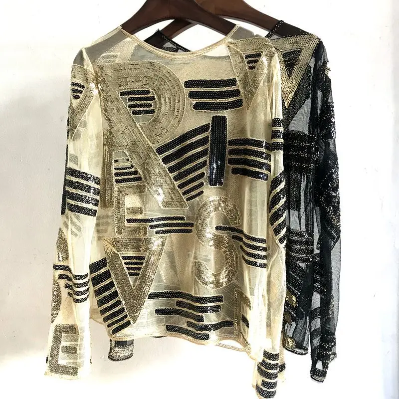 Autumn Sexy Lady Long Sleeve Sequined Blouse Women Shiny Bling Bling