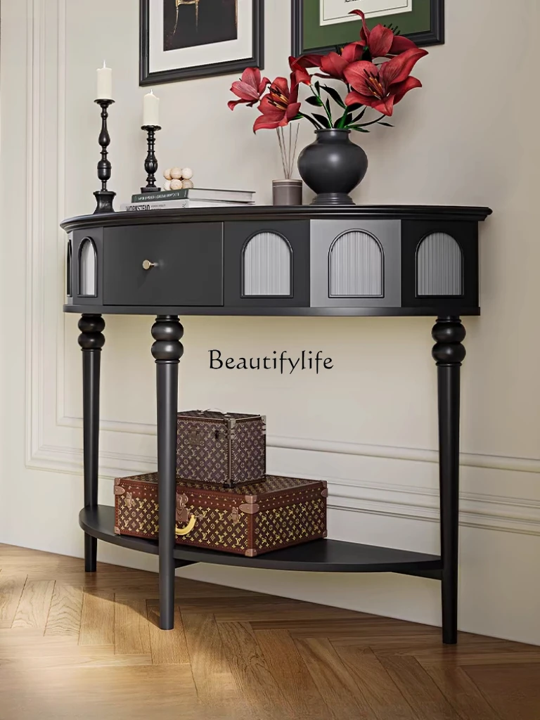 

Modern French Retro Black Solid Wood Arch Glass Entrance Cabinet American Light Luxury Locker