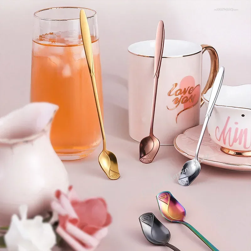 Stainless Steel Spoon Long Handle Teaspoon Rose Mixing For Dessert Honey Salad Tea Coffee