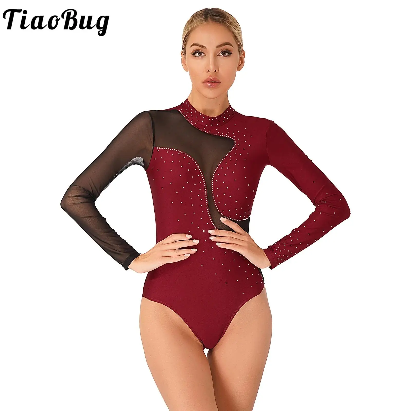 Women Gymnastics Leotard Shiny Rhinestone Ballerina Dance Costume Long Sleeve Figure Skating Athletics Bodysuit Jumpsuit Costume