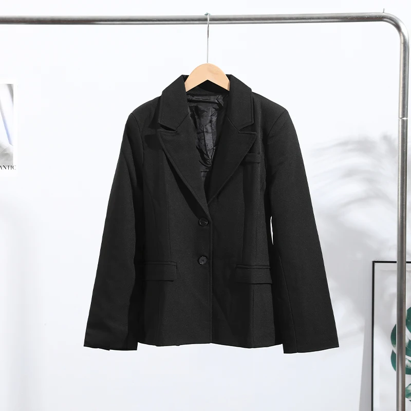 Sophisticated Women's Black Long Blazer Coat with Shoulder Pads