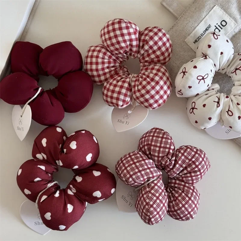 Red Cotton Cute Floral Hair Band with Bow and Plaid Design