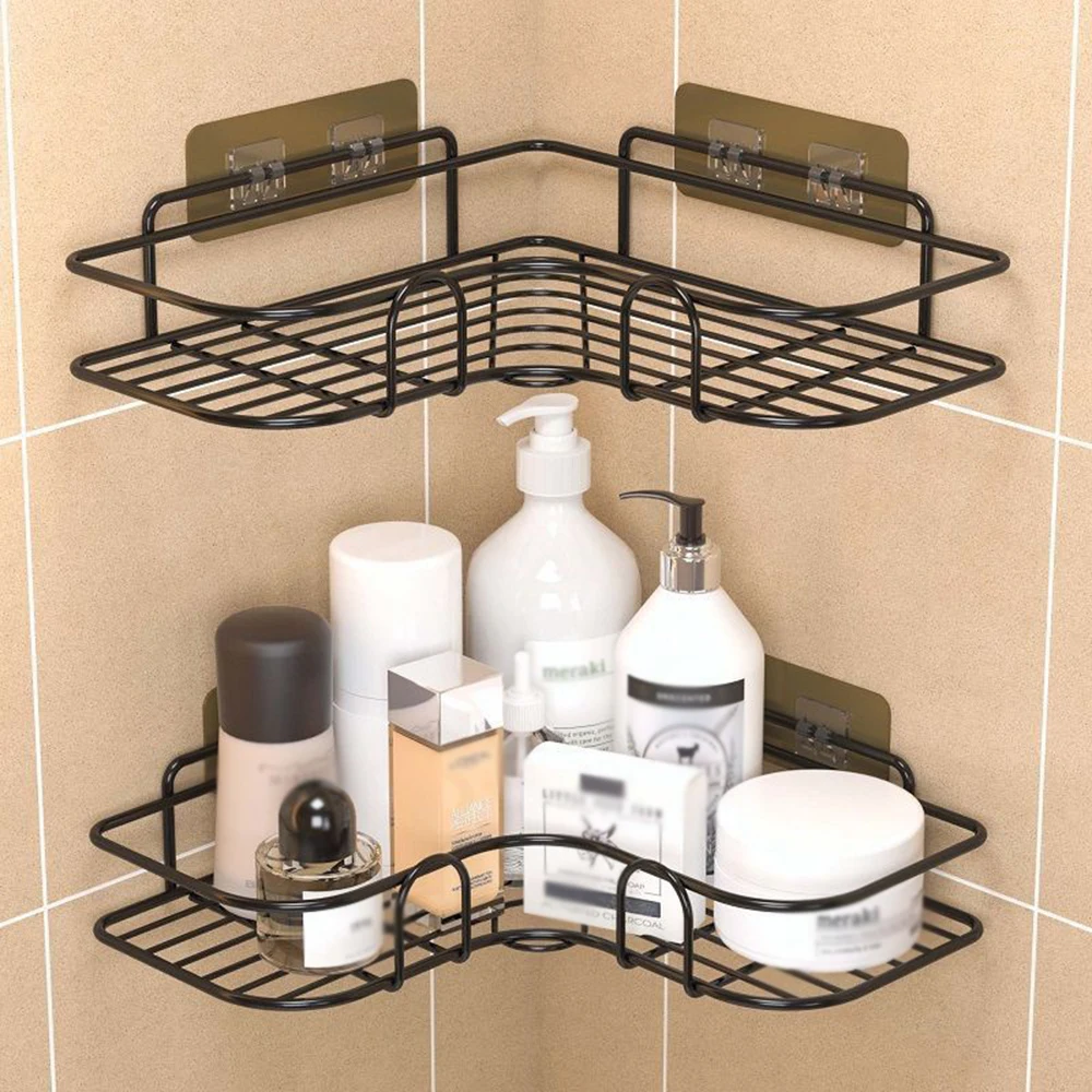 1PC Non-Perforated Metal Triangle Storage Rack Wall Mounted for Bathroom Toilet Shower Area Washbasin Organization 5