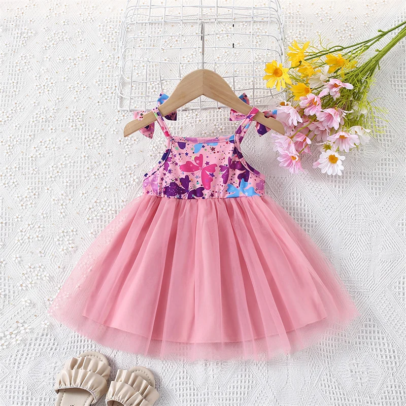 Baby Girls' Dress Summer Fresh Mesh Girls' Dress Bow Printed Girl Baby Sleeveless Strap 0-3 Years Old girls dress,baby girl dress