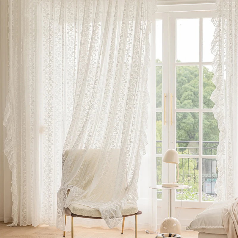 White Dots Romantic Ruffle Edge Voile Curtains for Girl Room French Vintage Lace Light Filtering Mesh Tulle Window Bedroom Drape