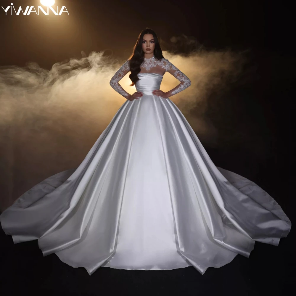 Shiny Sequins Beads Bride Robe Modest High Collar Long Sleeve Bridal Gown