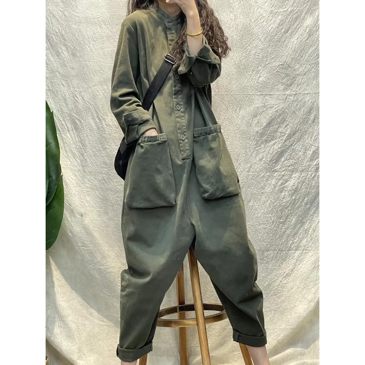 Solid Jumpsuits for Women Long Sleeve Round Neck Loose Harajuku Straight Pants Casual Workwear Korean Style Vintage Playsuits